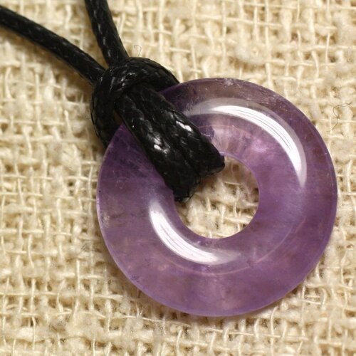 Collier pendentif pierre - amethyste rond cercle donut pi 20mm violet