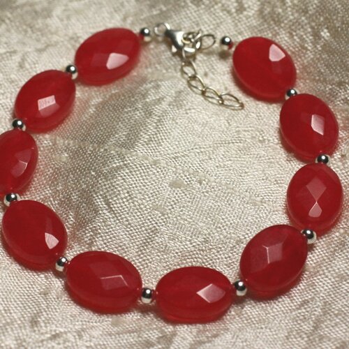 Bracelet argent 925 et pierre - jade rouge ovales facettés 14x10mm