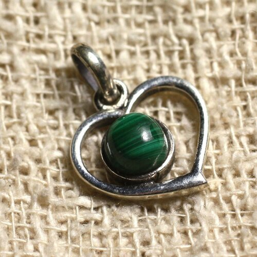 Pendentif argent 925 coeur 16mm et pierre semi précieuse - malachite 6mm