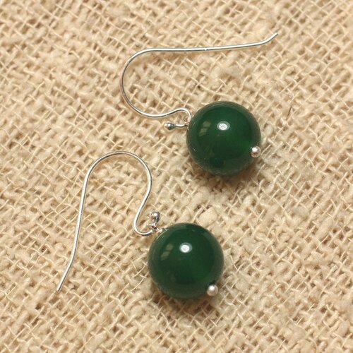 Boucles d'oreilles argent 925 et pierre - onyx vert 10mm