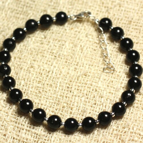 Bracelet argent 925 et pierre - tourmaline noire 6mm