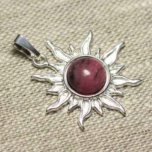Pendentif argent 925 et pierre - soleil 28mm - rhodonite rose rond 10mm