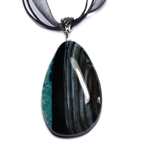 N10 - collier pendentif en pierre - agate noire et quartz turquoise goutte 62mm