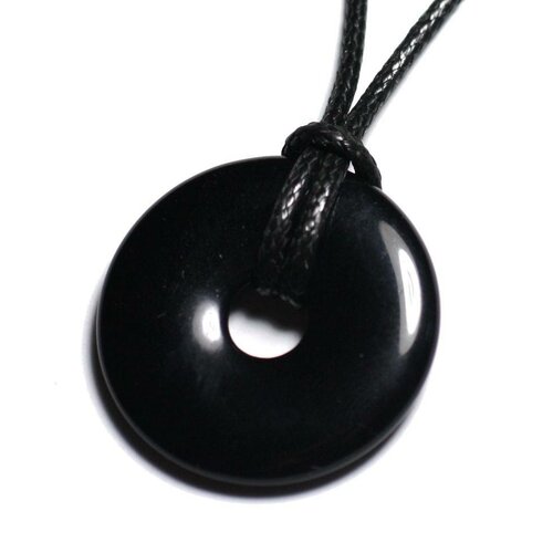 Collier pendentif pierre semi précieuse - obsidienne noire donut pi 30mm
