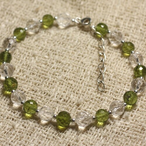 Bracelet argent 925 perles de pierre péridot et cristal facettés 6mm
