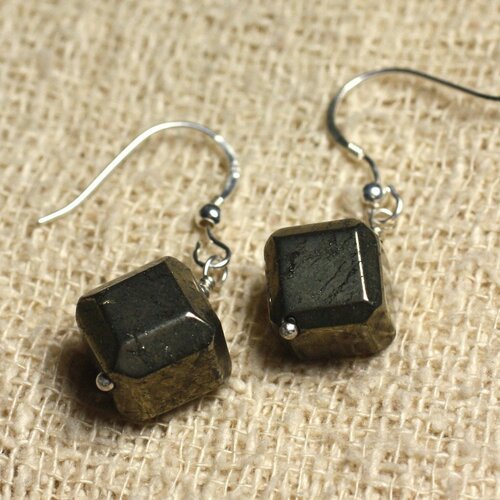 Boucles d'oreilles argent 925 - pyrite dorée cubes 10x10mm