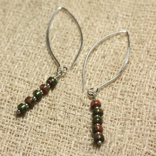 Boucles d'oreilles argent 925 crochets 40mm - unakite rondelles 4x2mm