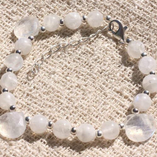Bracelet argent 925 et pierre de lune arc en ciel boules 7mm et gouttes facettées 12mm