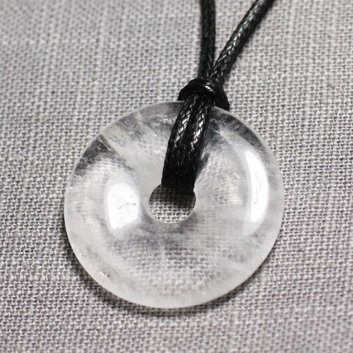Collier pendentif en pierre - cristal de roche quartz donut pi 30mm
