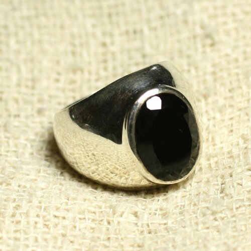 N116 - bague argent 925 et pierre - onyx noir facetté ovale 14x10mm