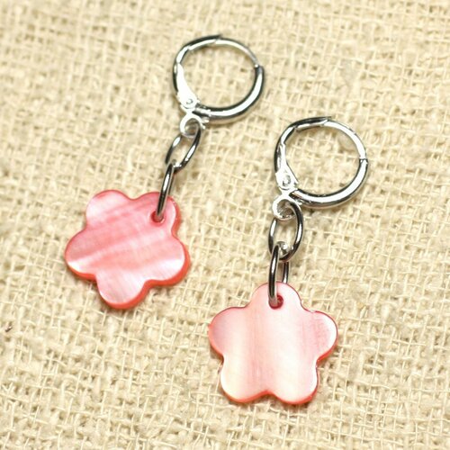 Boucles d'oreilles nacre fleurs 15mm rouge rose