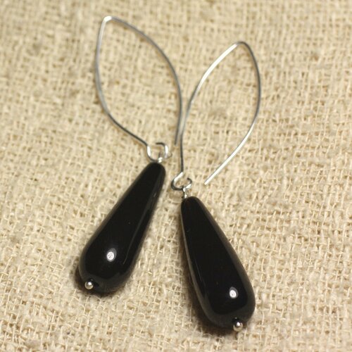 Boucles d'oreilles argent 925 crochets 40mm - onyx noir longues gouttes 30x10mm