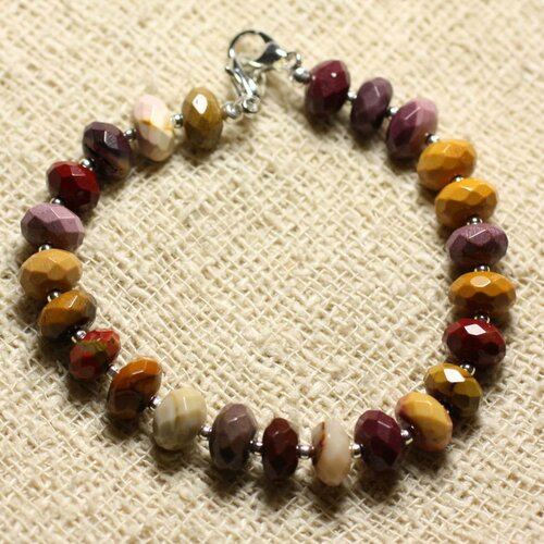 Bracelet argent 925 et pierre - jaspe mokaïte rondelles facettées 8x5mm