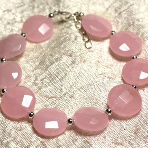 Bracelet argent 925 et pierre - jade rose palets facettés 14mm
