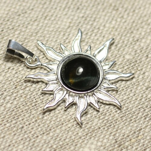 Pendentif argent 925 et pierre - soleil 28mm - oeil de faucon bleu et tigre rond 10mm