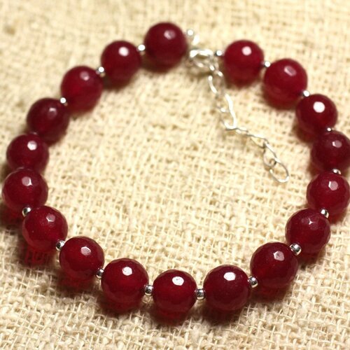Bracelet argent 925 et pierre - jade rouge rose framboise facettée 8mm