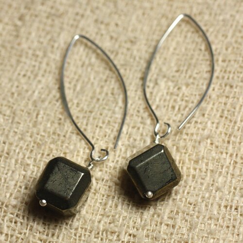 Boucles d'oreilles argent 925 crochets 40mm - pyrite dorée cubes 10x10mm