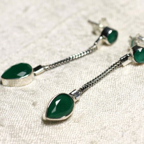 Bo240 - boucles d'oreilles argent 925 et pierre emeraude pendantes chaîne 45mm