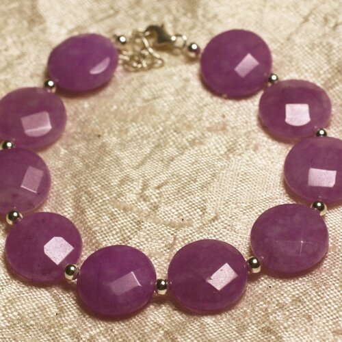 Bracelet argent 925 et pierre - jade violet rose palets facettés 14mm