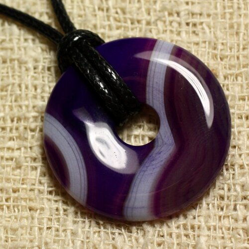 Collier pendentif en pierre - agate violette donut 30mm