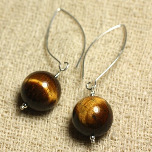 Boucles d'oreilles argent 925 crochets 40mm - oeil de tigre 16mm