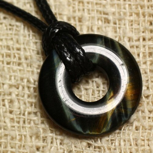 Collier pendentif en pierre - oeil de faucon donut 20mm