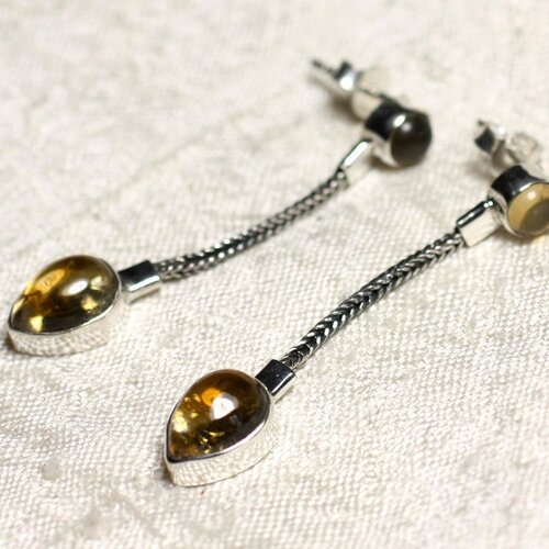 Bo240 - boucles d'oreilles argent 925 et pierre citrine pendantes chaîne 45mm