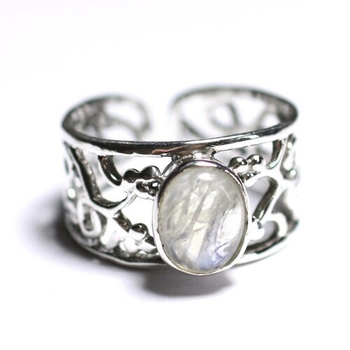 N224 - bague argent 925 et pierre - pierre de lune arc en ciel ovale 9x7mm