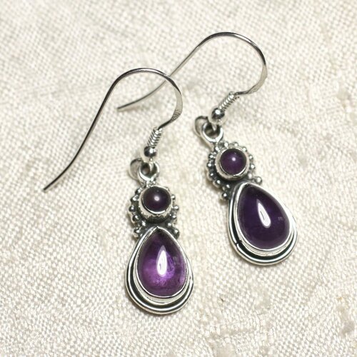 Bo206 - boucles d'oreilles argent 925 et pierre améthyste gouttes 22mm
