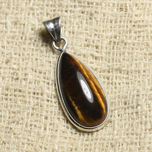 Pendentif argent 925 et pierre - oeil de tigre goutte 25mm