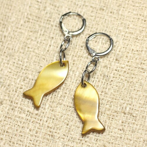 Boucles d'oreilles nacre poissons 23mm bronze doré