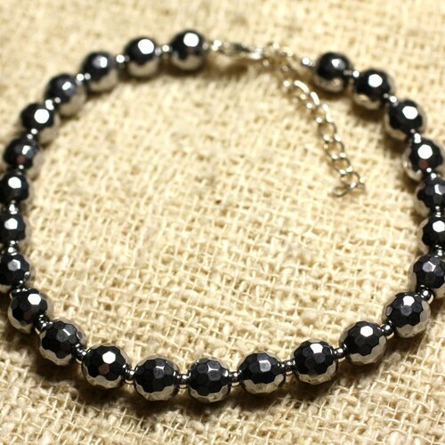 Bracelet argent 925 et pierre - hématite plaquée rhodium facettée 6mm