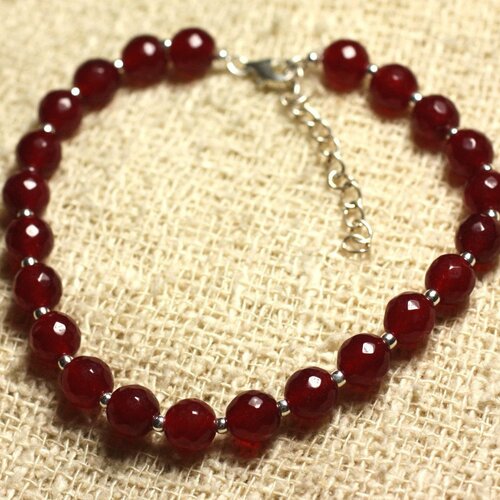 Bracelet argent 925 et pierre - jade rouge bordeaux facettée 6mm