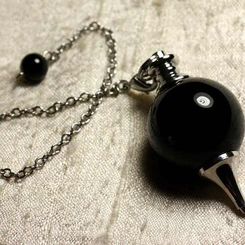 Pendule métal argenté rhodium et pierre semi précieuse - agate noire boule 25mm