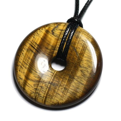 Collier pendentif en pierre - oeil de tigre rond cercle donut pi 40mm marron doré bronze noir