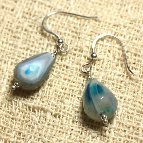 Boucles d'oreilles argent 925 - agate bleue gouttes facettées 14x10mm