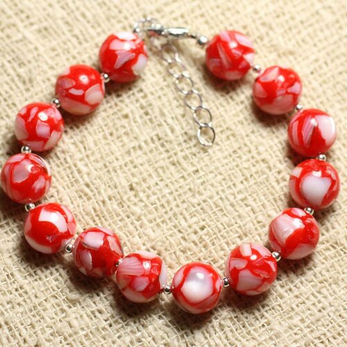 Bracelet argent 925 nacre et résine 10mm rouge et blanc