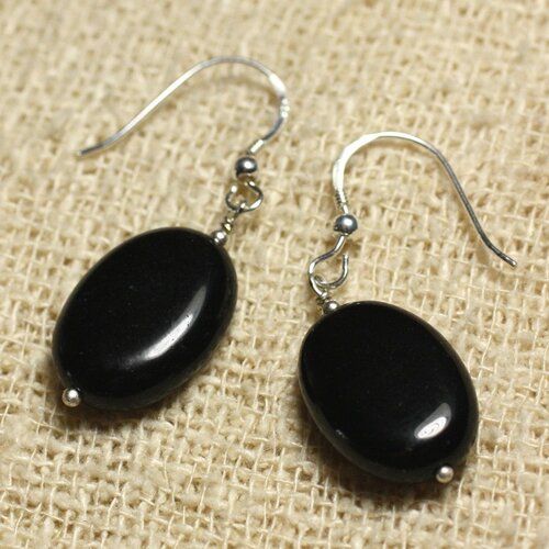 Boucles d'oreilles argent 925 - obsidienne noire ovales 18x13mm
