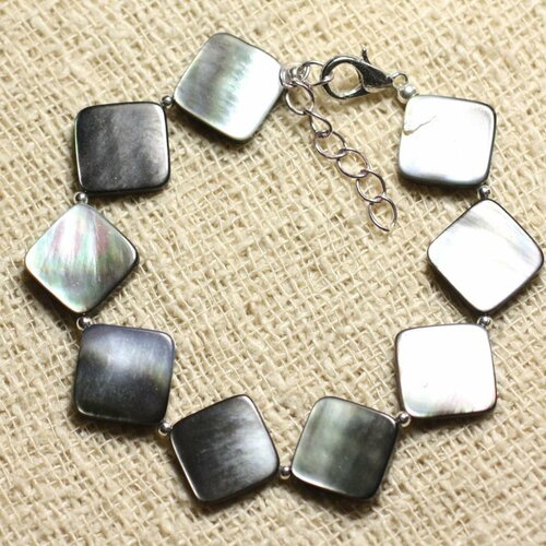 Bracelet argent 925 et nacre noire losanges 16mm