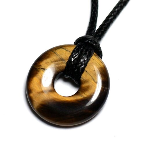 Collier pendentif pierre - oeil de tigre rond cercle donut pi 20mm marron bronze doré noir