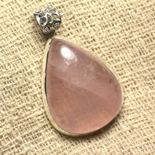 N5 - pendentif argent 925 et pierre - quartz rose goutte 43x30mm