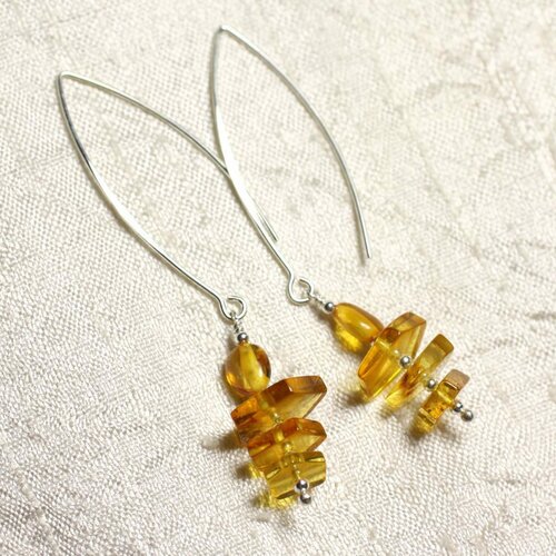 Boucles d'oreilles argent 925 longs crochets et ambre naturelle miel 7-12mm