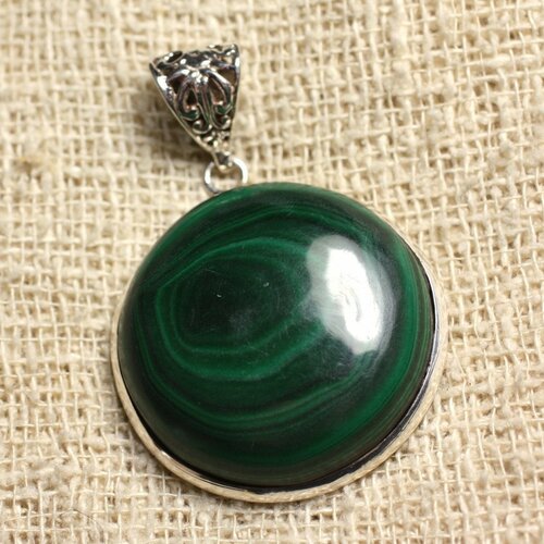 N2 - pendentif argent 925 et pierre - malachite rond 30mm