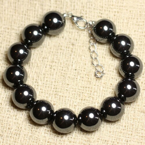 Bracelet argent 925 et pierre - hématite boules 12mm