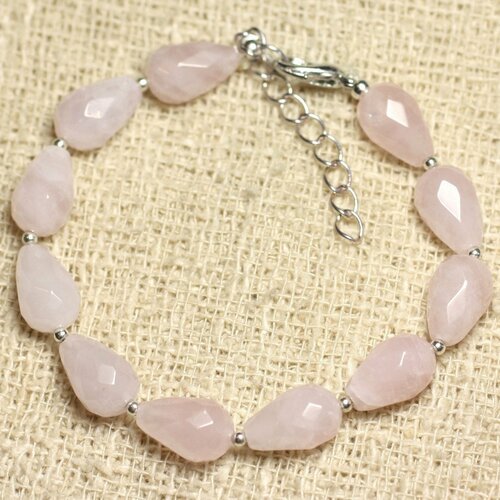 Bracelet argent 925 et pierre - quartz rose gouttes facettées 12x8mm