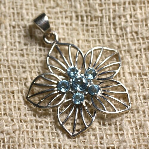 Pendentif argent 925 et pierre - topaze bleue 3 et 4mm fleur 30x28mm