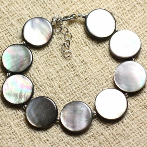 Bracelet argent 925 et nacre noire palets 15mm