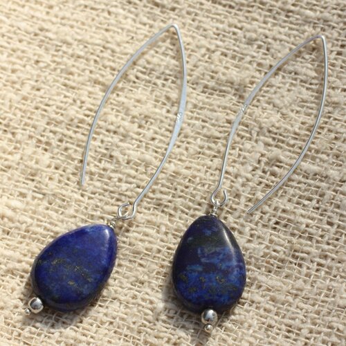 Boucles oreilles longs crochets argent 925 et pierre lapis lazuli gouttes 16x12mm bleu nuit