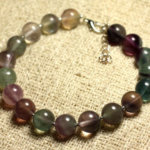Bracelet argent 925 et pierre semi précieuse - fluorite multicolore 10mm