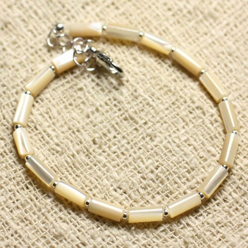 Bracelet argent 925 et nacre tubes 8x4mm beige irisé